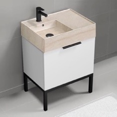 Modern Small Bathroom Vanity, 24 inch, Travertine Style Sink, Free Standing